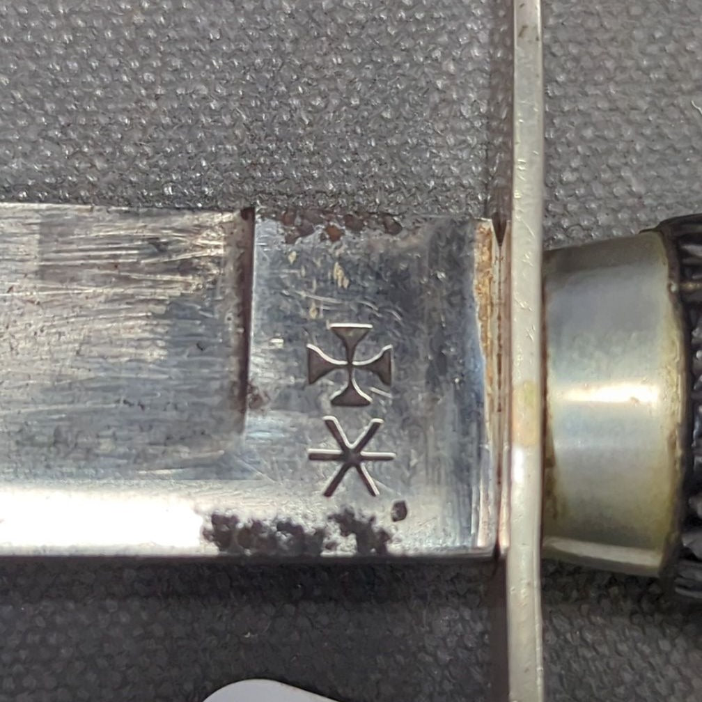 Joseph Rodgers & Sons Knife, Nickel Silver Hilt and Collar, Carved Ebony Wood Handle, with Leather Belt Sheath, Sheffield, England