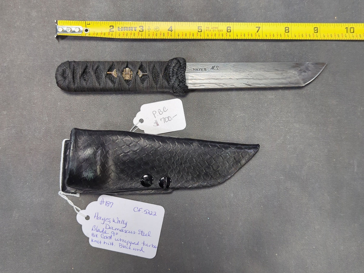 Wally Hayes M.S. Damascus Steel Tanto Knife with Cord-Wrapped Rayskin Handle, Menuki, Kydex-Lined Leather Belt Sheath