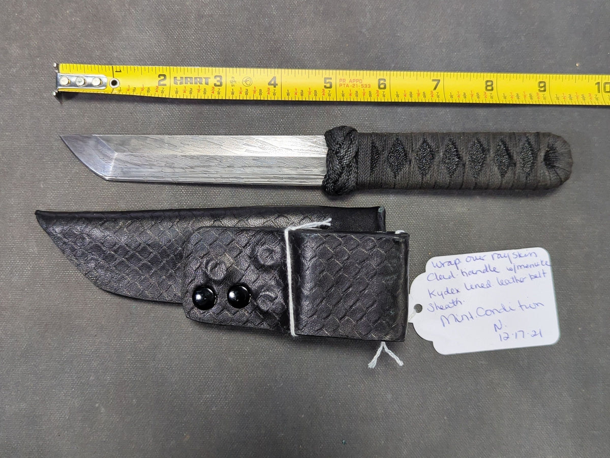 Wally Hayes M.S. Damascus Steel Tanto Knife with Cord-Wrapped Rayskin Handle, Menuki, Kydex-Lined Leather Belt Sheath