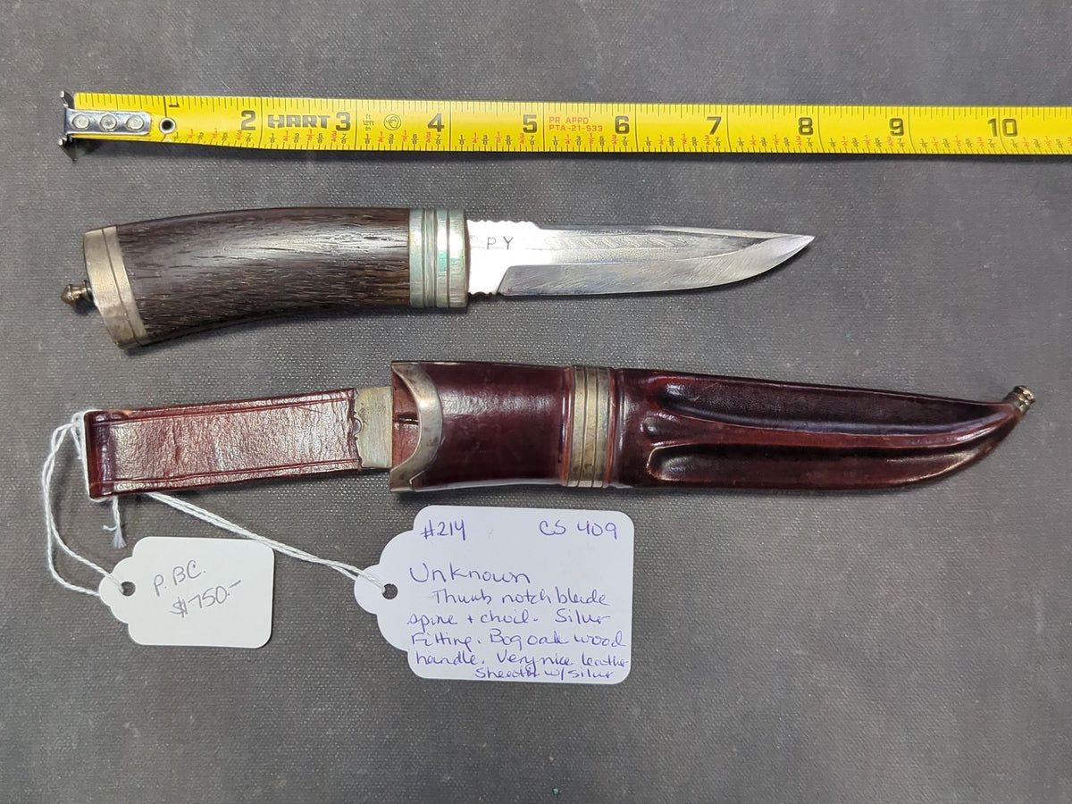 "PY" Damascus Blade Knife, Bog Oak Handle, Silver Fittings, with Leather Sheath, 1988