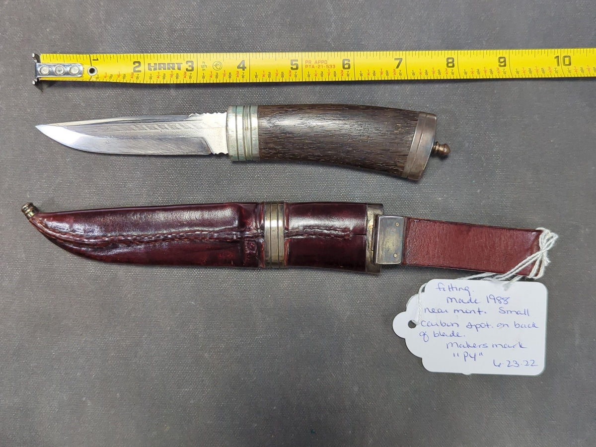 "PY" Damascus Blade Knife, Bog Oak Handle, Silver Fittings, with Leather Sheath, 1988