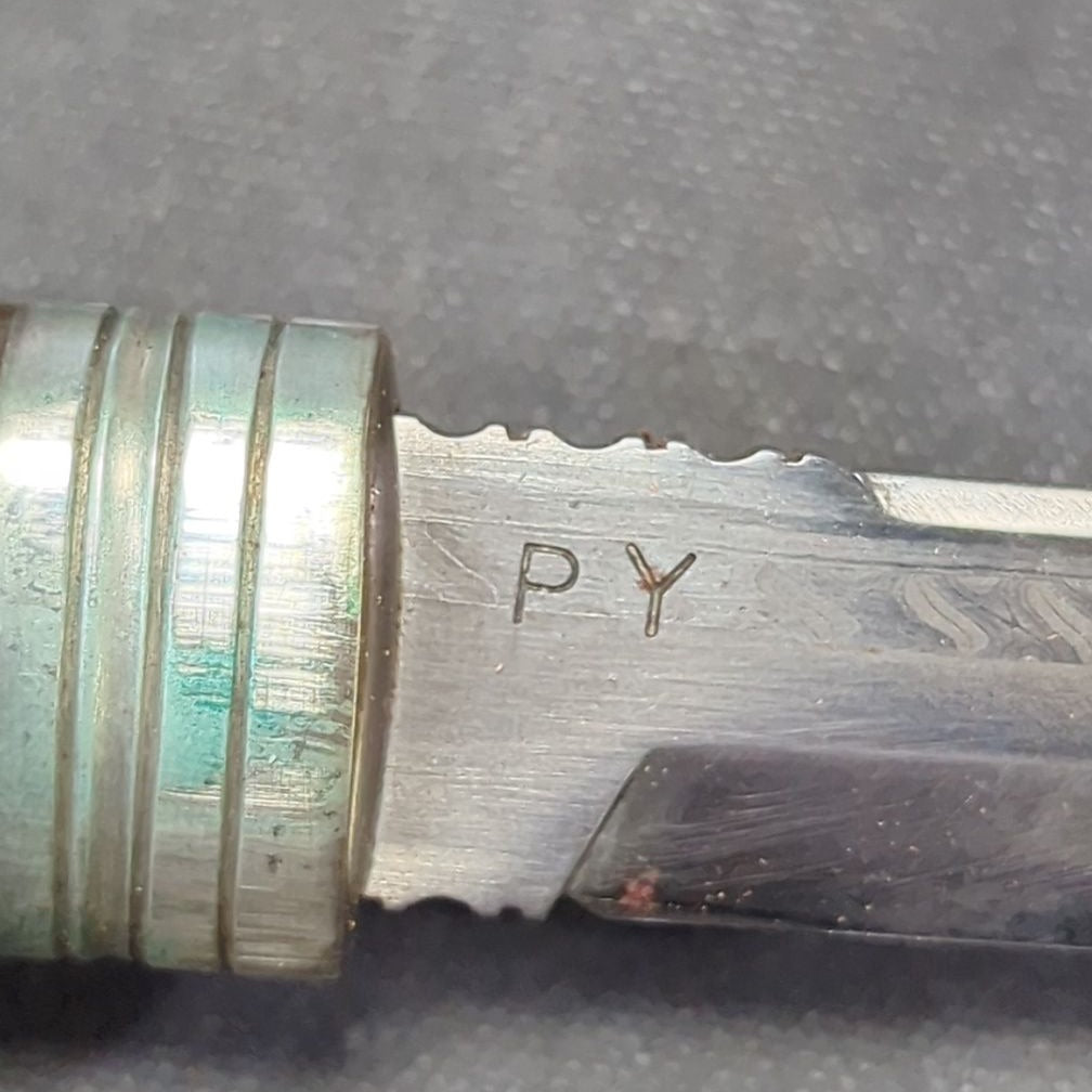 "PY" Damascus Blade Knife, Bog Oak Handle, Silver Fittings, with Leather Sheath, 1988