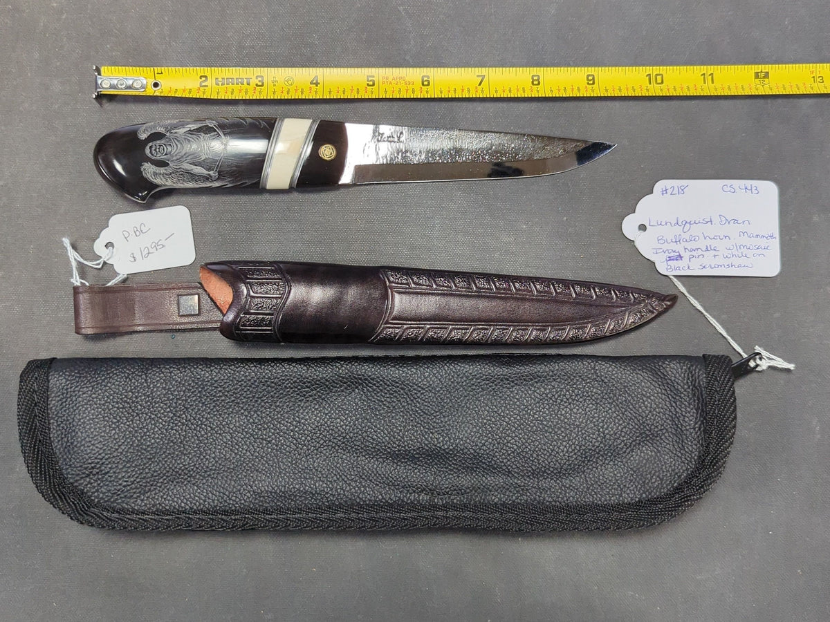 Lundquist Knife with Buffalo Horn and Mammoth Ivory Handle, Mosaic Pin, White on Black Scrimshaw by Swedish Artist Viveca Sahlin, Wood Lined Tooled Leather Belt Sheath