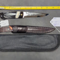 Lot 014 - Lundquist Knife with Buffalo Horn and Mammoth Ivory Handle, Mosaic Pin, White on Black Scrimshaw by Swedish Artist Viveca Sahlin, Wood Lined Tooled Leather Belt Sheath