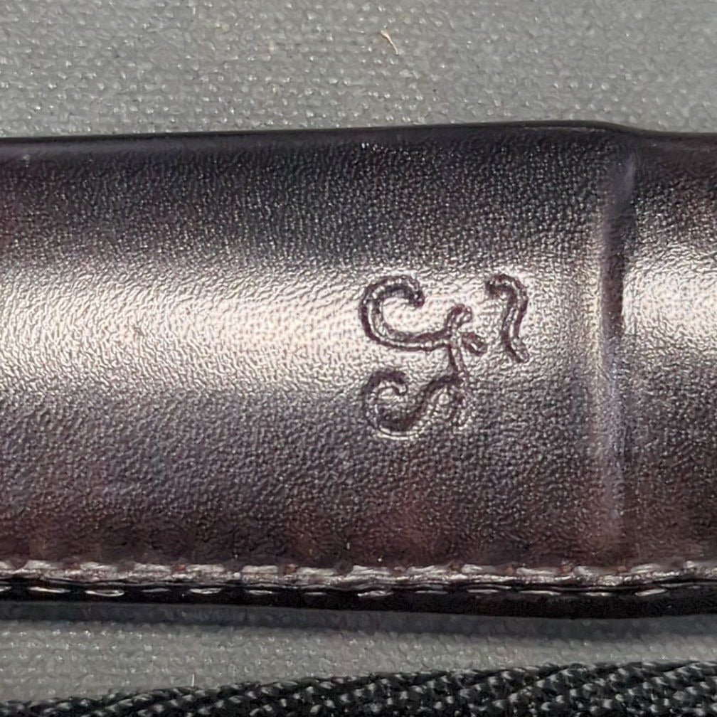 Lundquist Knife with Buffalo Horn and Mammoth Ivory Handle, Mosaic Pin, White on Black Scrimshaw by Swedish Artist Viveca Sahlin, Wood Lined Tooled Leather Belt Sheath