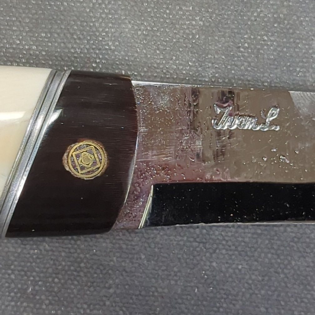 Lundquist Knife with Buffalo Horn and Mammoth Ivory Handle, Mosaic Pin, White on Black Scrimshaw by Swedish Artist Viveca Sahlin, Wood Lined Tooled Leather Belt Sheath