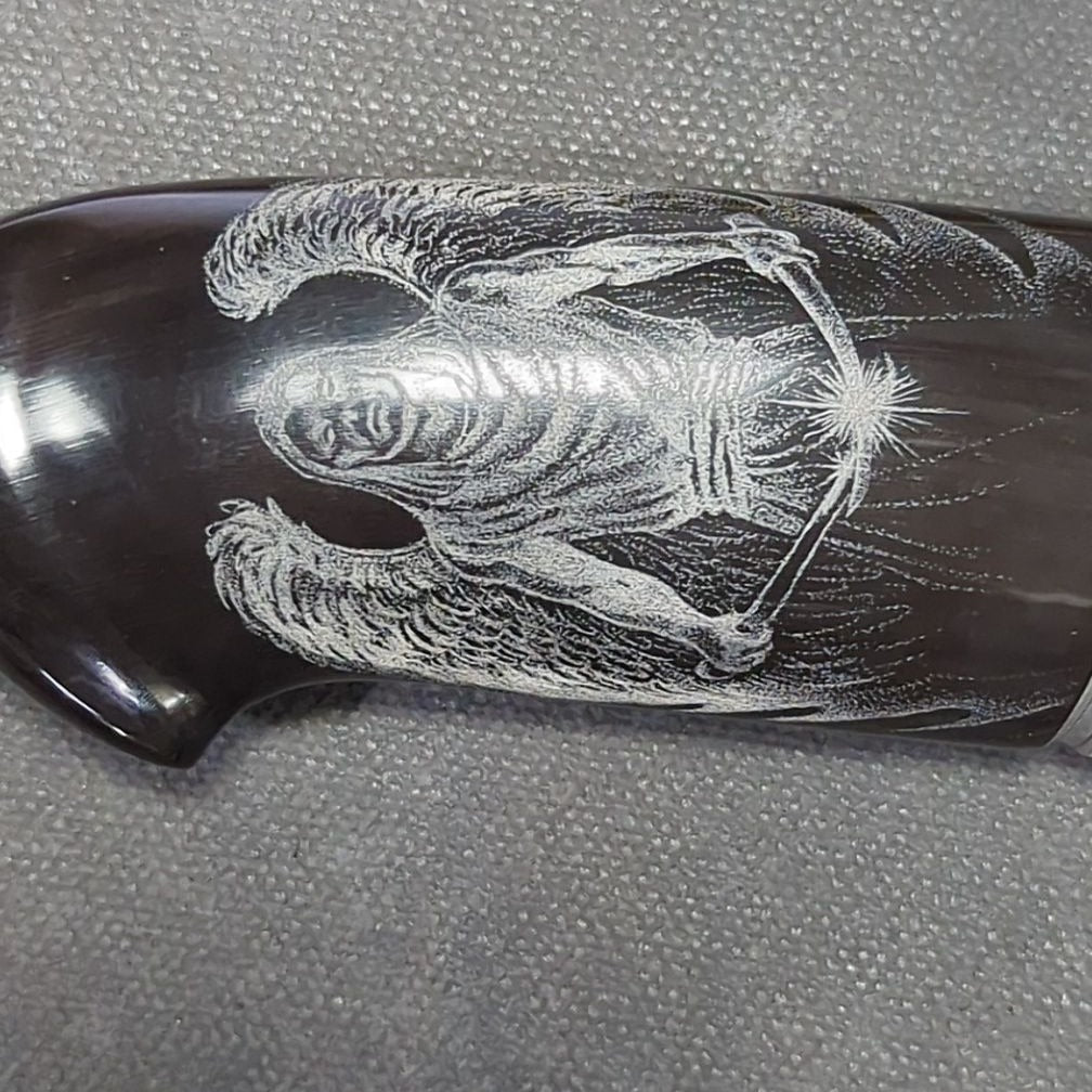 Lundquist Knife with Buffalo Horn and Mammoth Ivory Handle, Mosaic Pin, White on Black Scrimshaw by Swedish Artist Viveca Sahlin, Wood Lined Tooled Leather Belt Sheath