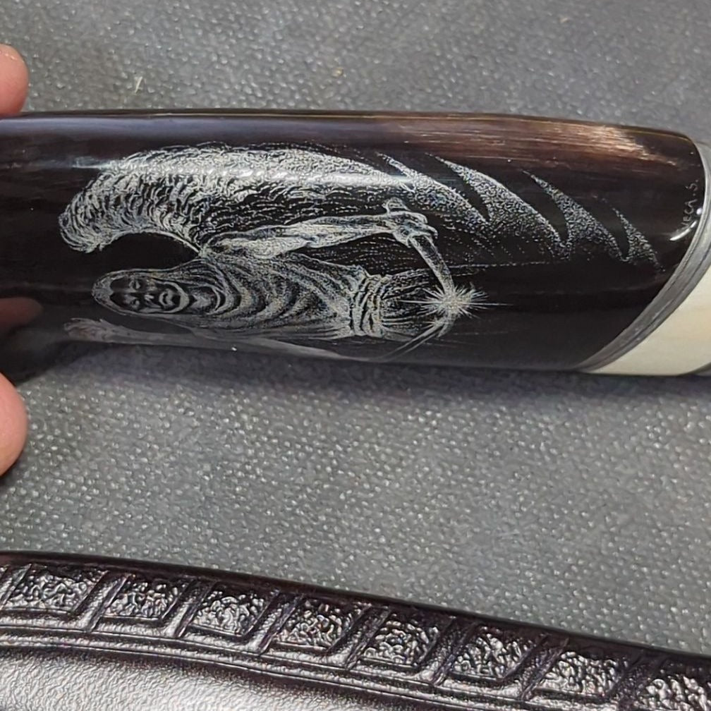 Lundquist Knife with Buffalo Horn and Mammoth Ivory Handle, Mosaic Pin, White on Black Scrimshaw by Swedish Artist Viveca Sahlin, Wood Lined Tooled Leather Belt Sheath