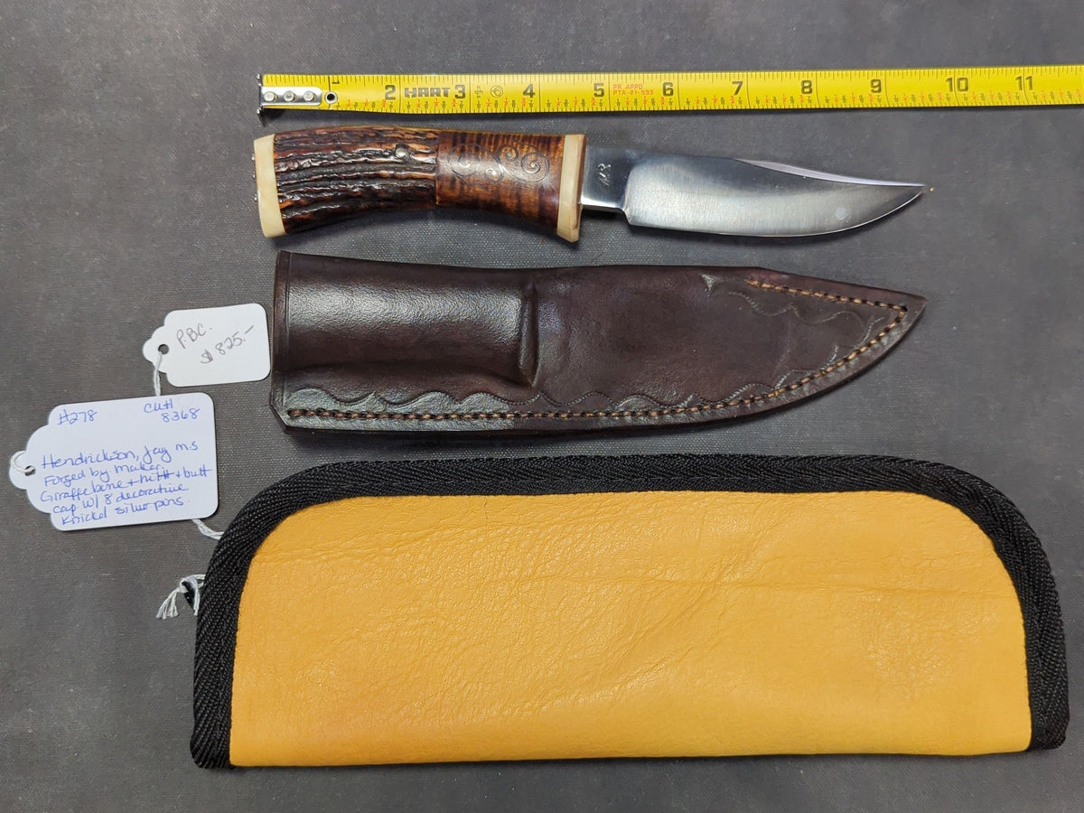 Jay Hendrickson M.S. Knife, Stag and Maple Handle with Silver Wire Inlay, Giraffe Bone Hilt and Butt Cap with Nickel Silver Pins, Tooled Leather Sheath, 2013