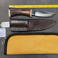 Lot 019 - Jay Hendrickson M.S. Knife, Stag and Maple Handle with Silver Wire Inlay, Giraffe Bone Hilt and Butt Cap with Nickel Silver Pins, Tooled Leather Sheath, 2013