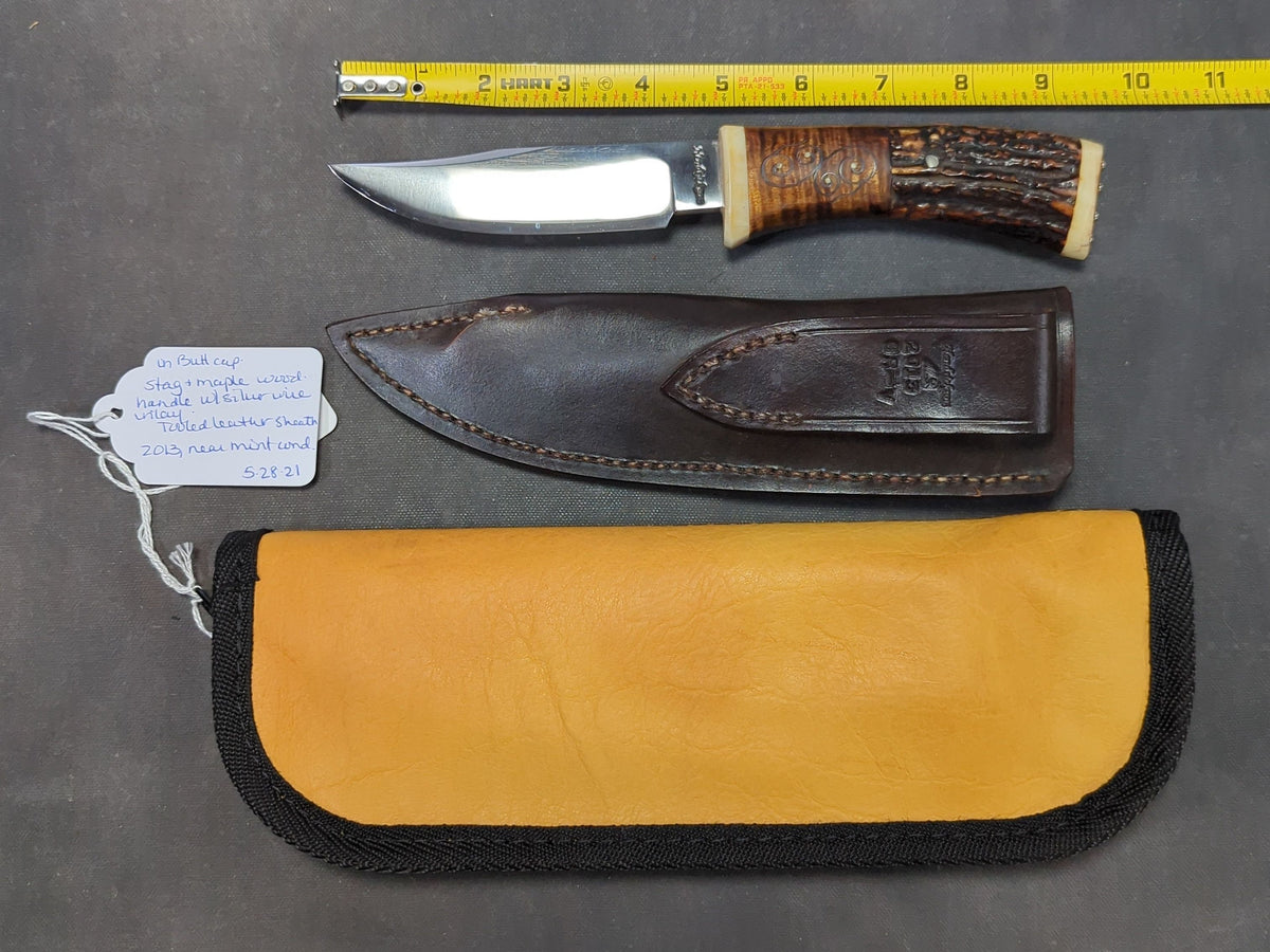 Jay Hendrickson M.S. Knife, Stag and Maple Handle with Silver Wire Inlay, Giraffe Bone Hilt and Butt Cap with Nickel Silver Pins, Tooled Leather Sheath, 2013