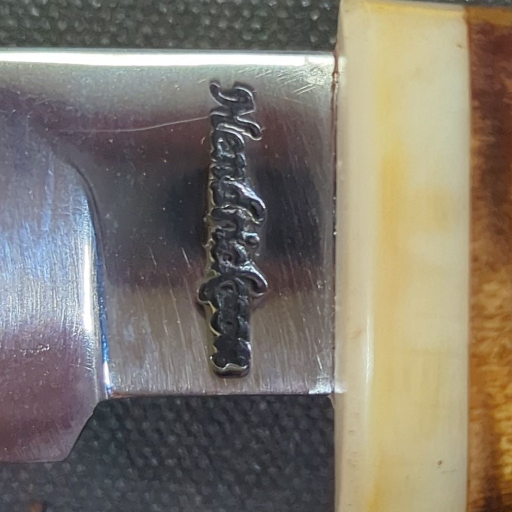 Jay Hendrickson M.S. Knife, Stag and Maple Handle with Silver Wire Inlay, Giraffe Bone Hilt and Butt Cap with Nickel Silver Pins, Tooled Leather Sheath, 2013
