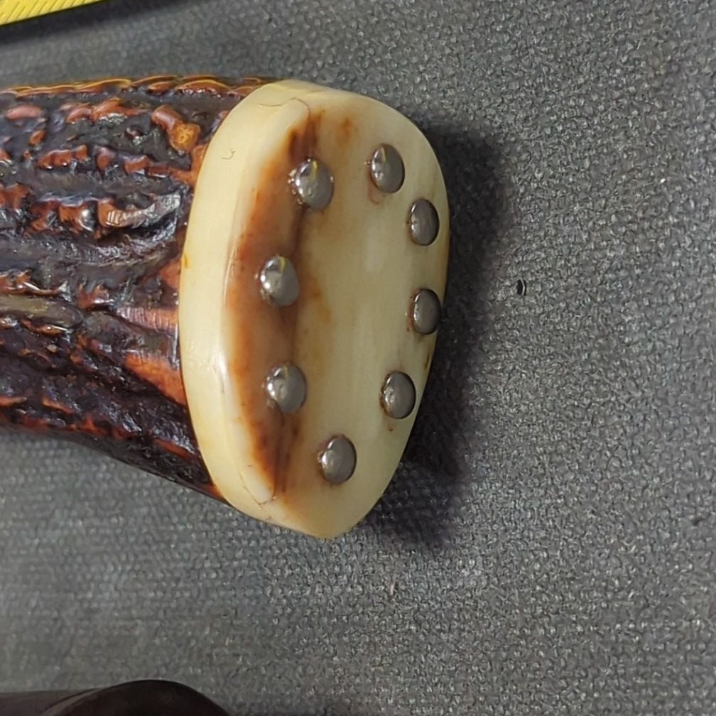 Jay Hendrickson M.S. Knife, Stag and Maple Handle with Silver Wire Inlay, Giraffe Bone Hilt and Butt Cap with Nickel Silver Pins, Tooled Leather Sheath, 2013