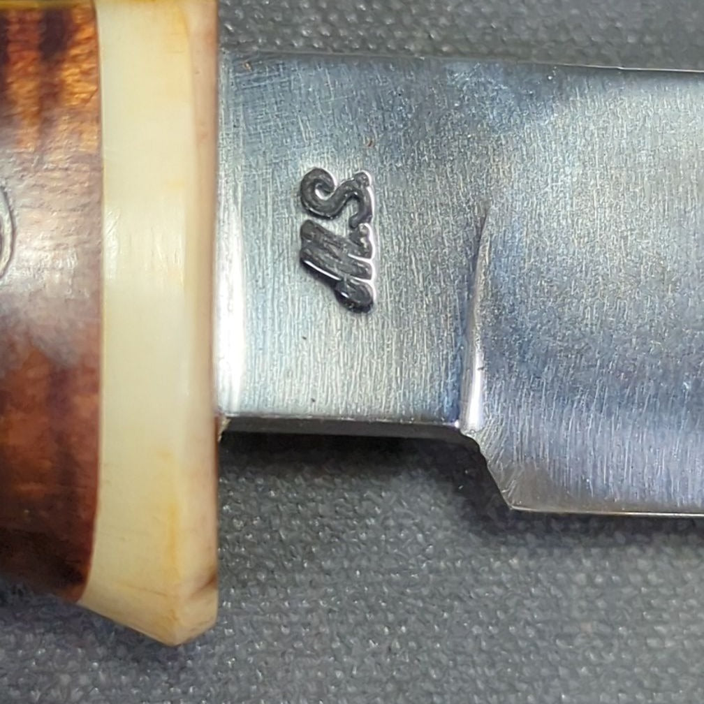 Jay Hendrickson M.S. Knife, Stag and Maple Handle with Silver Wire Inlay, Giraffe Bone Hilt and Butt Cap with Nickel Silver Pins, Tooled Leather Sheath, 2013