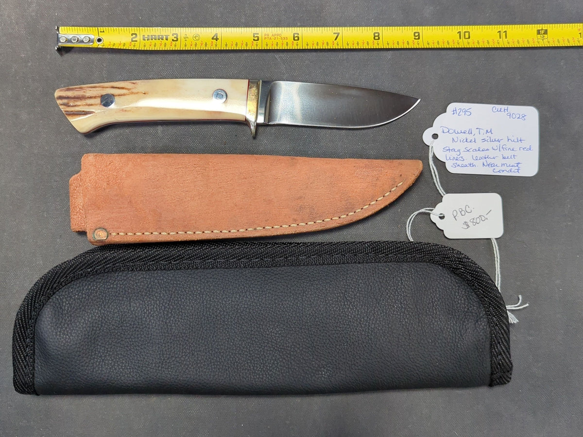 T.M. Dowell Knife, Stag Scales, Nickel Silver Hilt, with Leather Belt Sheath and Zippered Case