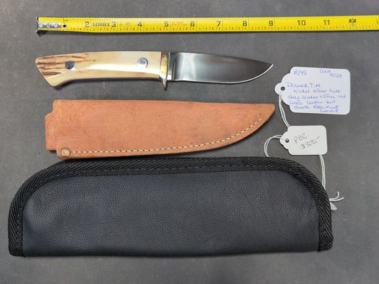 T.M. Dowell Knife, Stag Scales, Nickel Silver Hilt, with Leather Belt Sheath and Zippered Case