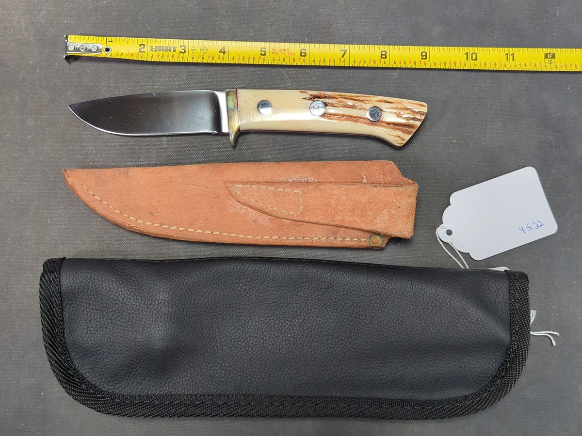 T.M. Dowell Knife, Stag Scales, Nickel Silver Hilt, with Leather Belt Sheath and Zippered Case
