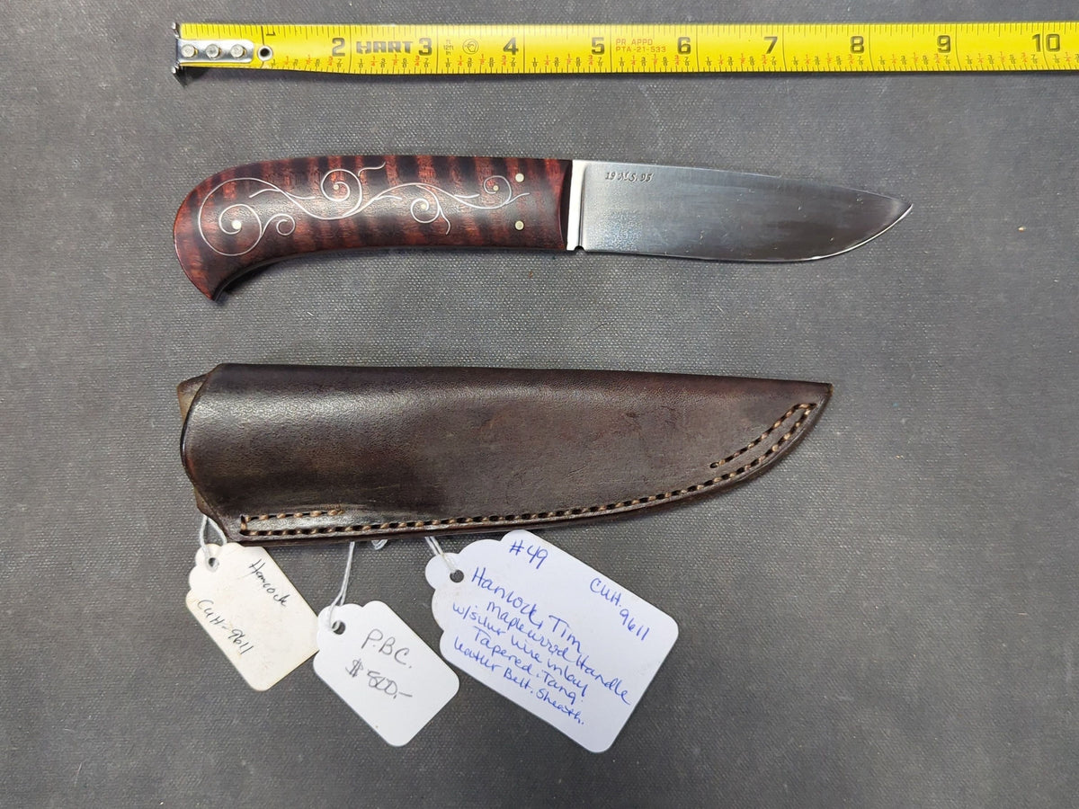 Tim Hancock M.S. Knife, Maple Handle with Silver Wire Inlay, Leather Sheath by Rowe's Leather, 1995