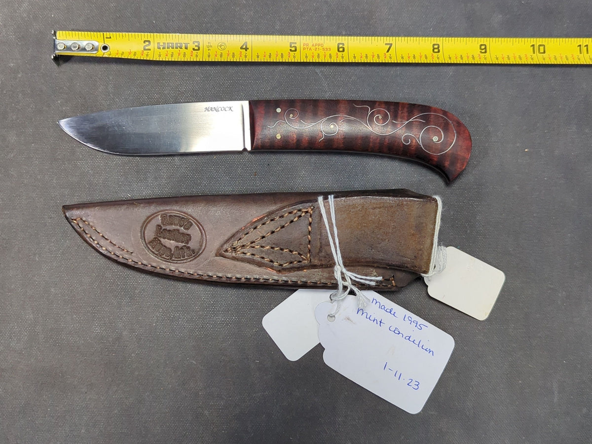 Tim Hancock M.S. Knife, Maple Handle with Silver Wire Inlay, Leather Sheath by Rowe's Leather, 1995