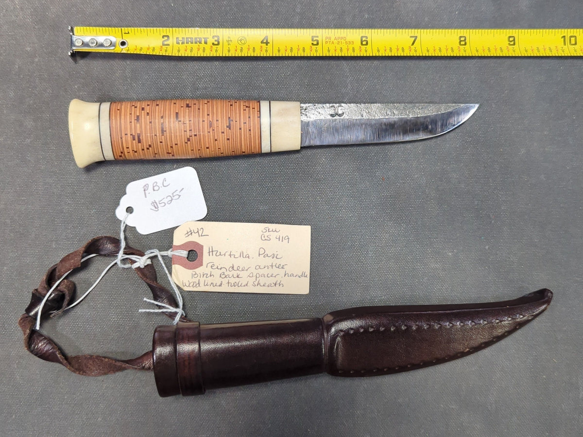 Pasi Hurttila Puukko Knife, Reindeer Antler and Birch Bark Handle, with Leather Sheath