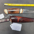 Lot 022 - Axelsson Morgan Knife, Damascus Blade, Fossil Walrus Ivory and Masur Birch Handle, Sterling Silver Finial, with Tooled Leather Sheath