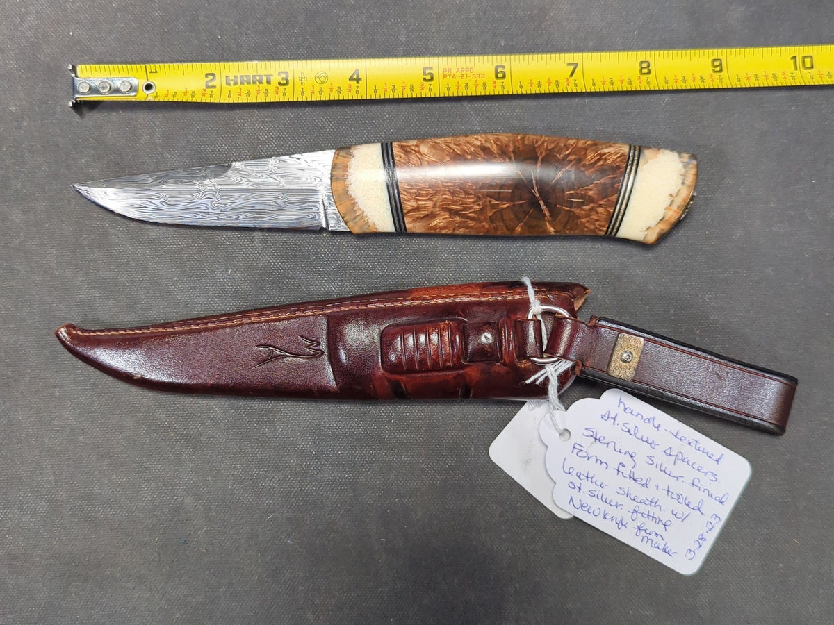 Axelsson Morgan Knife, Damascus Blade, Fossil Walrus Ivory and Masur Birch Handle, Sterling Silver Finial, with Tooled Leather Sheath