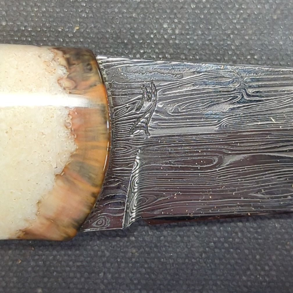 Axelsson Morgan Knife, Damascus Blade, Fossil Walrus Ivory and Masur Birch Handle, Sterling Silver Finial, with Tooled Leather Sheath