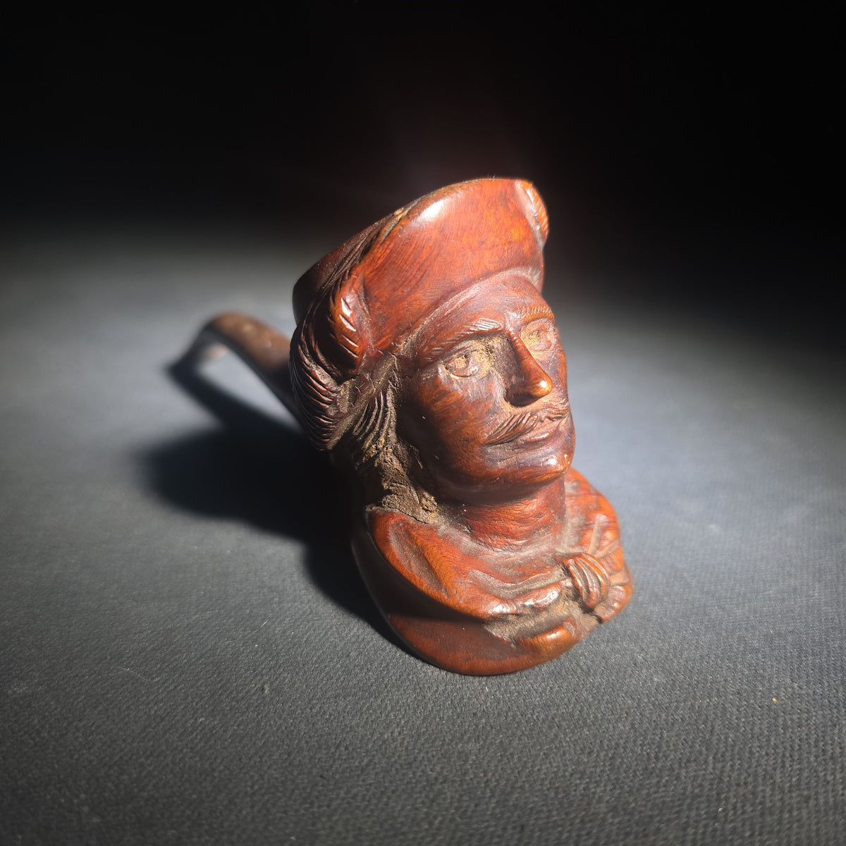 Antique Hand-Carved Briar Figural Smoking Pipe with Man in Feathered Cap and Bow Tie