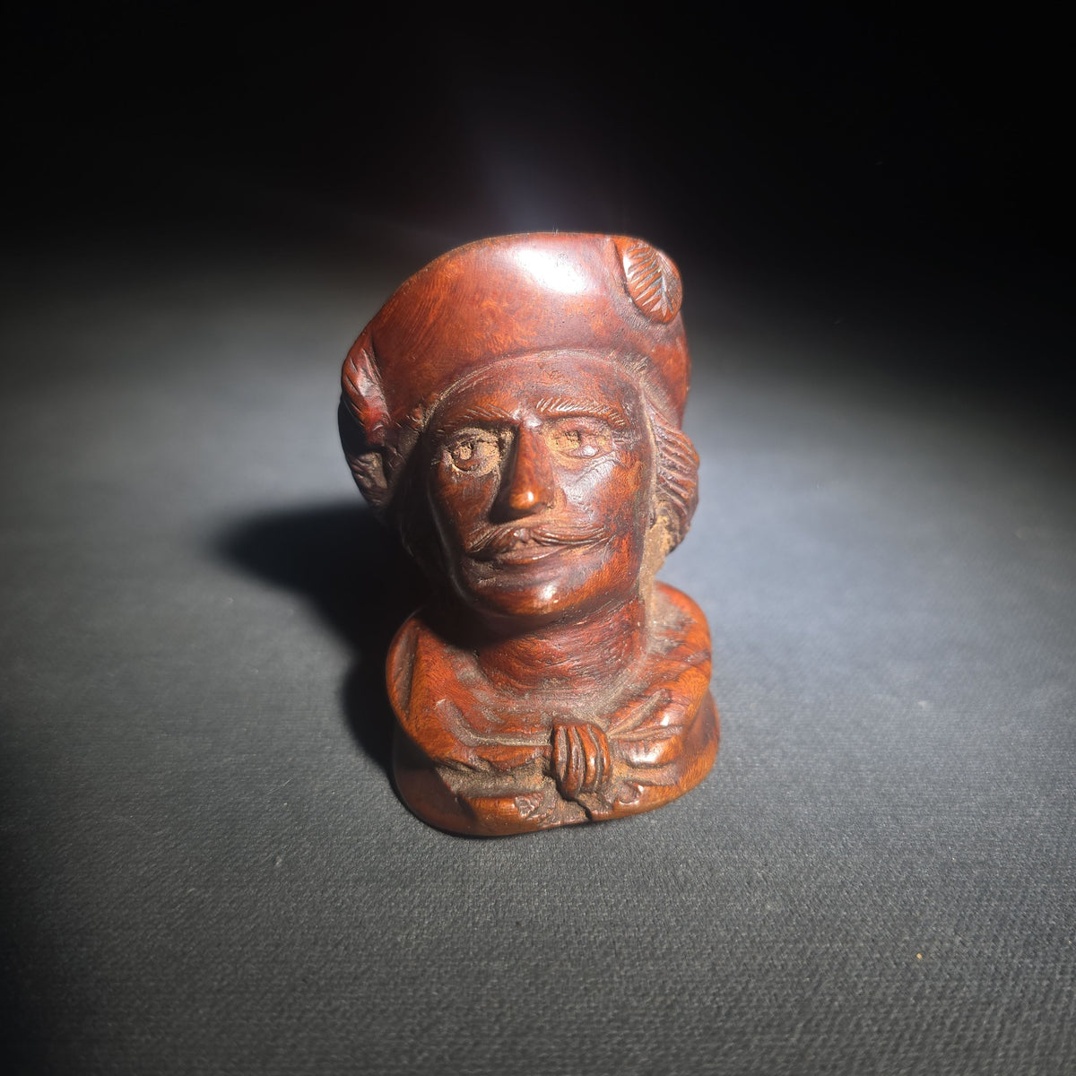 Antique Hand-Carved Briar Figural Smoking Pipe with Man in Feathered Cap and Bow Tie