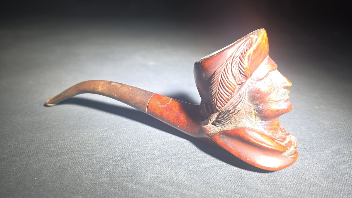 Antique Hand-Carved Briar Figural Smoking Pipe with Man in Feathered Cap and Bow Tie