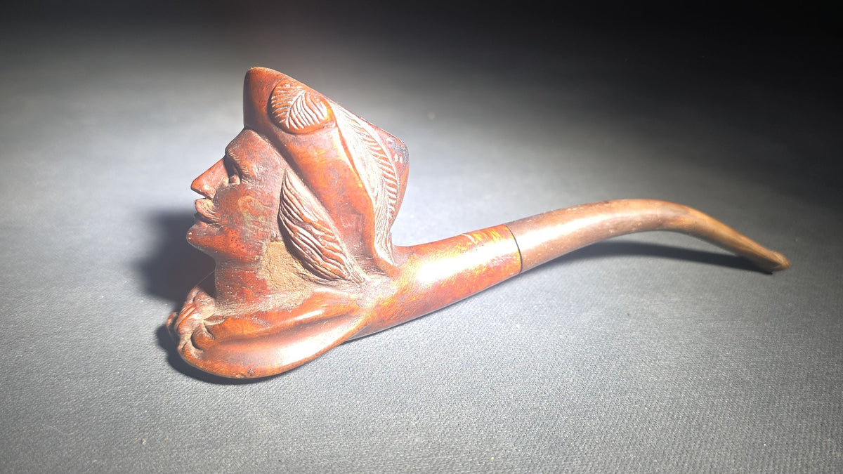Antique Hand-Carved Briar Figural Smoking Pipe with Man in Feathered Cap and Bow Tie