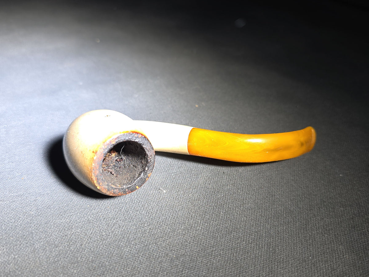 Vintage Meerschaum Smoking Pipe with Amber Stem in Fitted Case, Marked "Genuine Meerschaum / De Luxe / Real Amber"