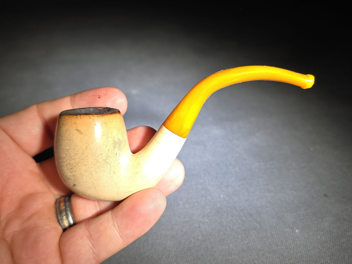 Vintage Meerschaum Smoking Pipe with Amber Stem in Fitted Case, Marked "Genuine Meerschaum / De Luxe / Real Amber"