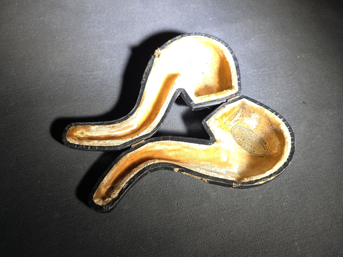 Vintage Meerschaum Smoking Pipe with Amber Stem in Fitted Case, Marked "Genuine Meerschaum / De Luxe / Real Amber"