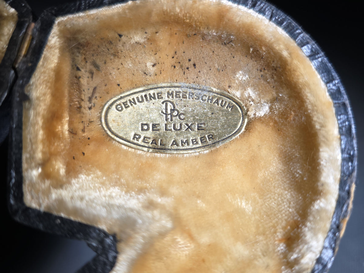 Vintage Meerschaum Smoking Pipe with Amber Stem in Fitted Case, Marked "Genuine Meerschaum / De Luxe / Real Amber"