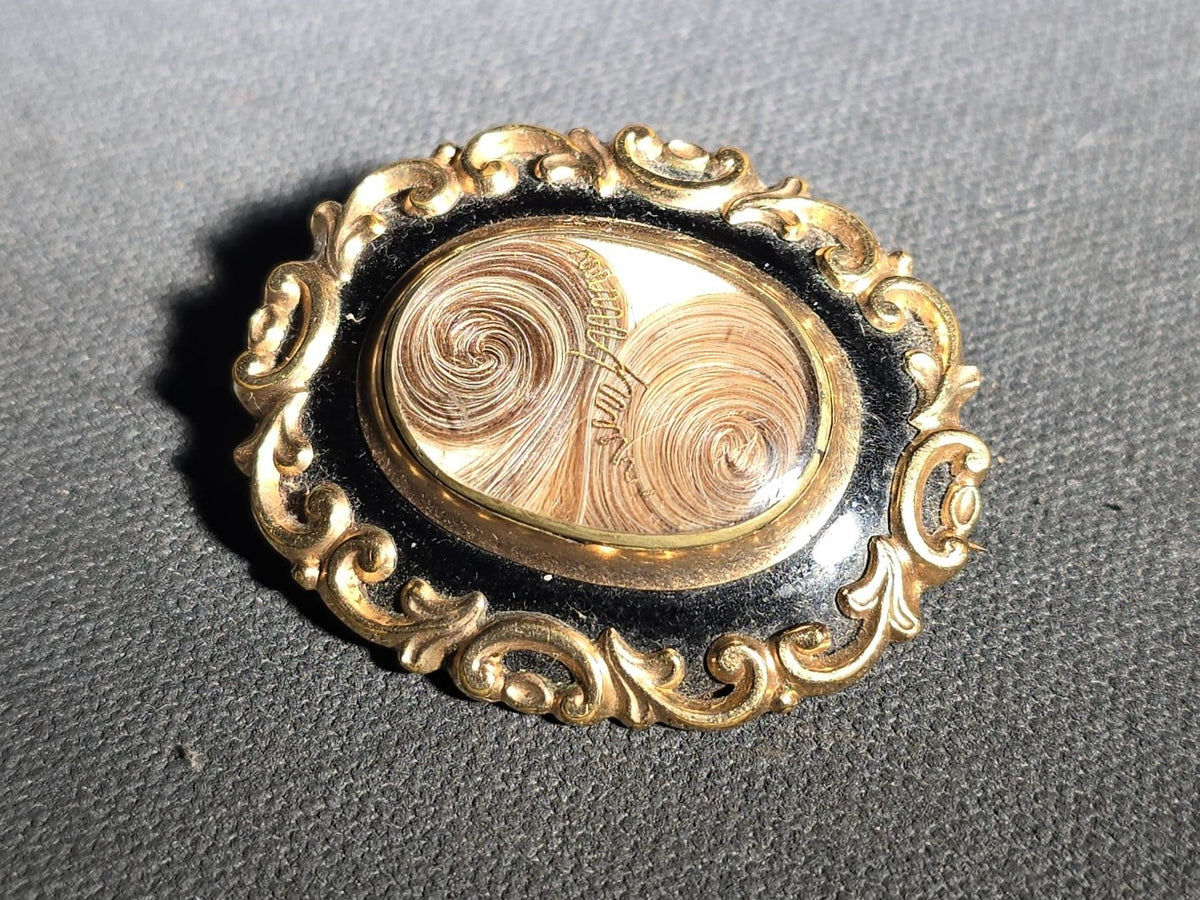 Antique Mourning Hair Brooch with Two Coiled Hair Spirals, Engraved for Samuel Mart, Died 1884, Aged 73, and Mary Mart Wallis, Died 1885, Aged 21