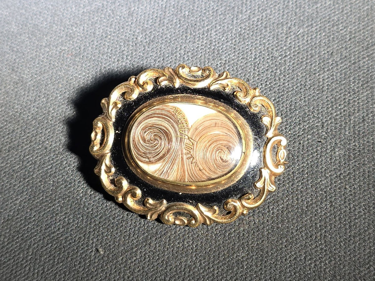 Antique Mourning Hair Brooch with Two Coiled Hair Spirals, Engraved for Samuel Mart, Died 1884, Aged 73, and Mary Mart Wallis, Died 1885, Aged 21