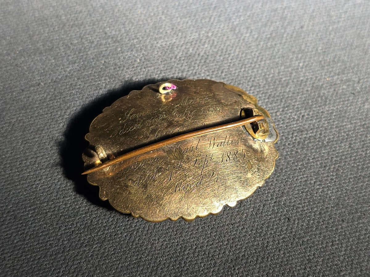 Antique Mourning Hair Brooch with Two Coiled Hair Spirals, Engraved for Samuel Mart, Died 1884, Aged 73, and Mary Mart Wallis, Died 1885, Aged 21