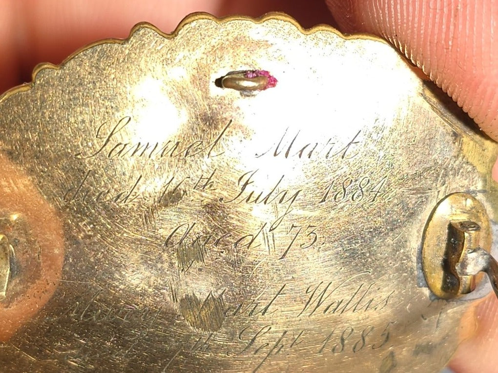 Antique Mourning Hair Brooch with Two Coiled Hair Spirals, Engraved for Samuel Mart, Died 1884, Aged 73, and Mary Mart Wallis, Died 1885, Aged 21
