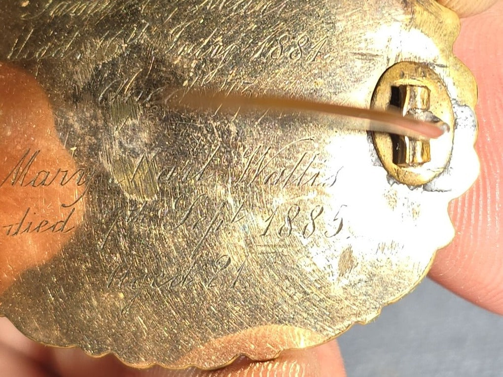 Antique Mourning Hair Brooch with Two Coiled Hair Spirals, Engraved for Samuel Mart, Died 1884, Aged 73, and Mary Mart Wallis, Died 1885, Aged 21