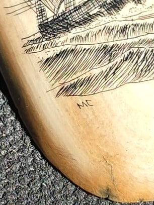 Scrimshaw Pendant Depicting a Full-Rigged Sailing Ship, Initialed "MC," with Metal Bail Loop