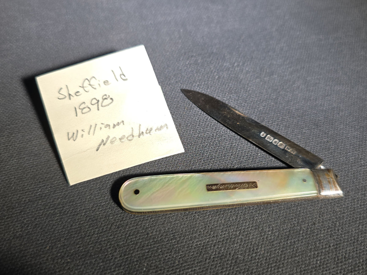 Antique Sterling Silver and Mother-of-Pearl Folding Pocket Knife, Hallmarked Sheffield 1898, Manufactured by William Needham, Engraved "J.C. Worthington"