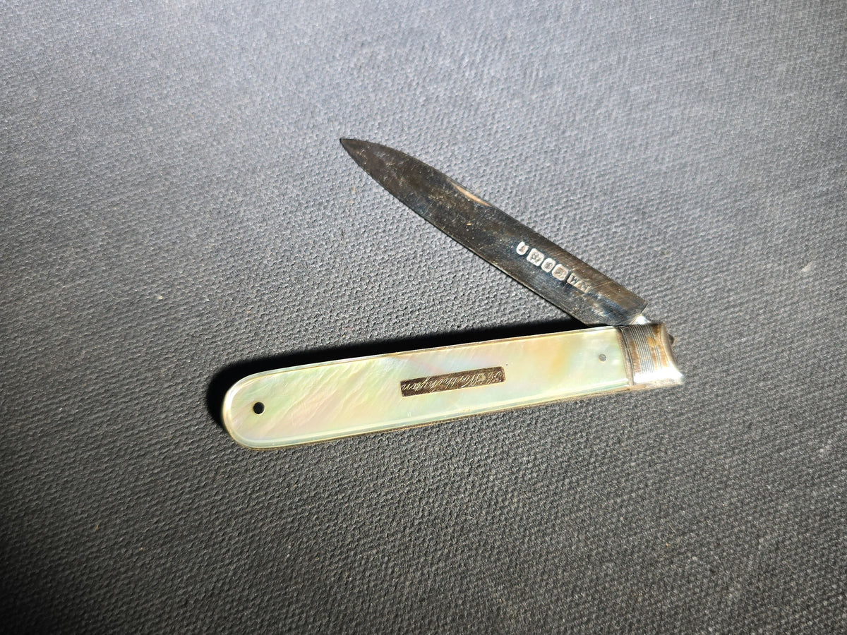Antique Sterling Silver and Mother-of-Pearl Folding Pocket Knife, Hallmarked Sheffield 1898, Manufactured by William Needham, Engraved "J.C. Worthington"