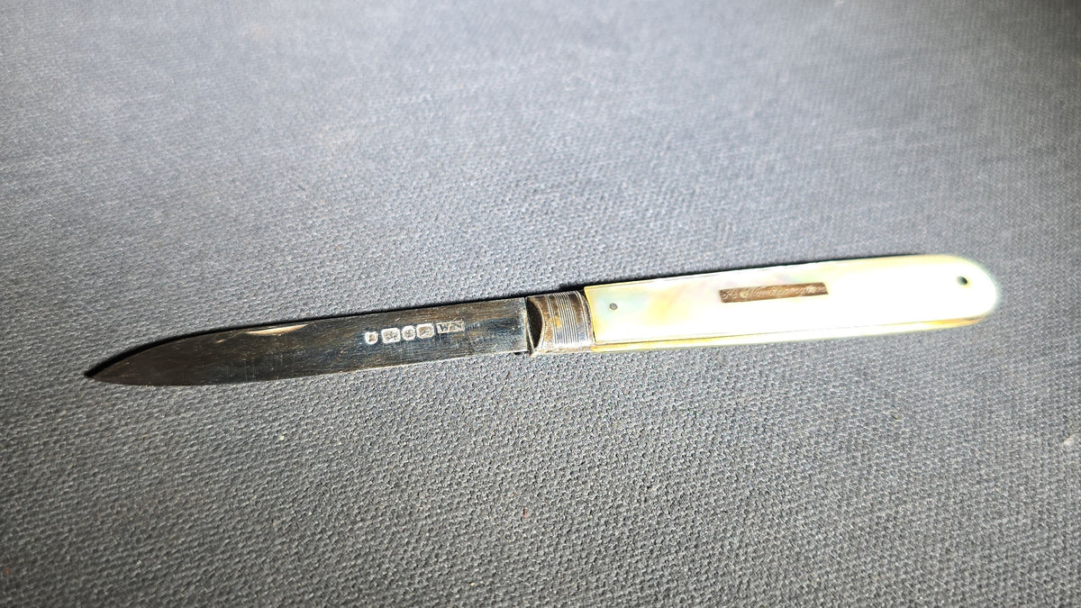 Antique Sterling Silver and Mother-of-Pearl Folding Pocket Knife, Hallmarked Sheffield 1898, Manufactured by William Needham, Engraved "J.C. Worthington"