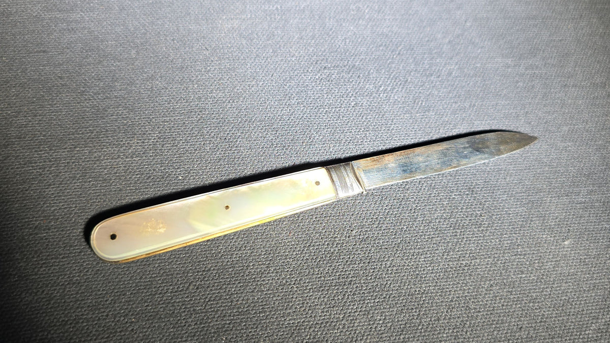 Antique Sterling Silver and Mother-of-Pearl Folding Pocket Knife, Hallmarked Sheffield 1898, Manufactured by William Needham, Engraved "J.C. Worthington"