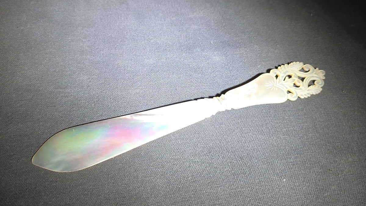 Antique Carved Mother of Pearl Letter Opener or Page Turner with Pierced Foliate Scroll Handle