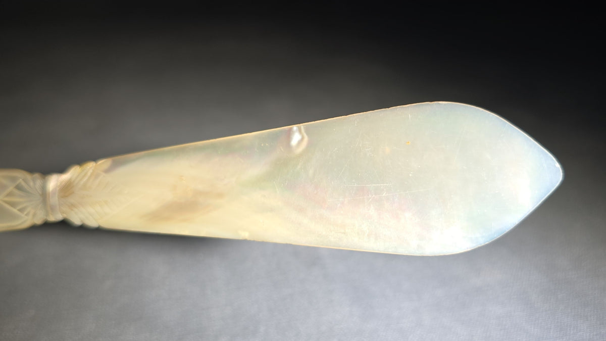 Antique Carved Mother of Pearl Letter Opener or Page Turner with Pierced Foliate Scroll Handle