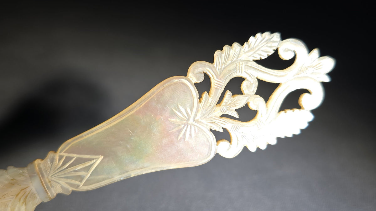 Antique Carved Mother of Pearl Letter Opener or Page Turner with Pierced Foliate Scroll Handle