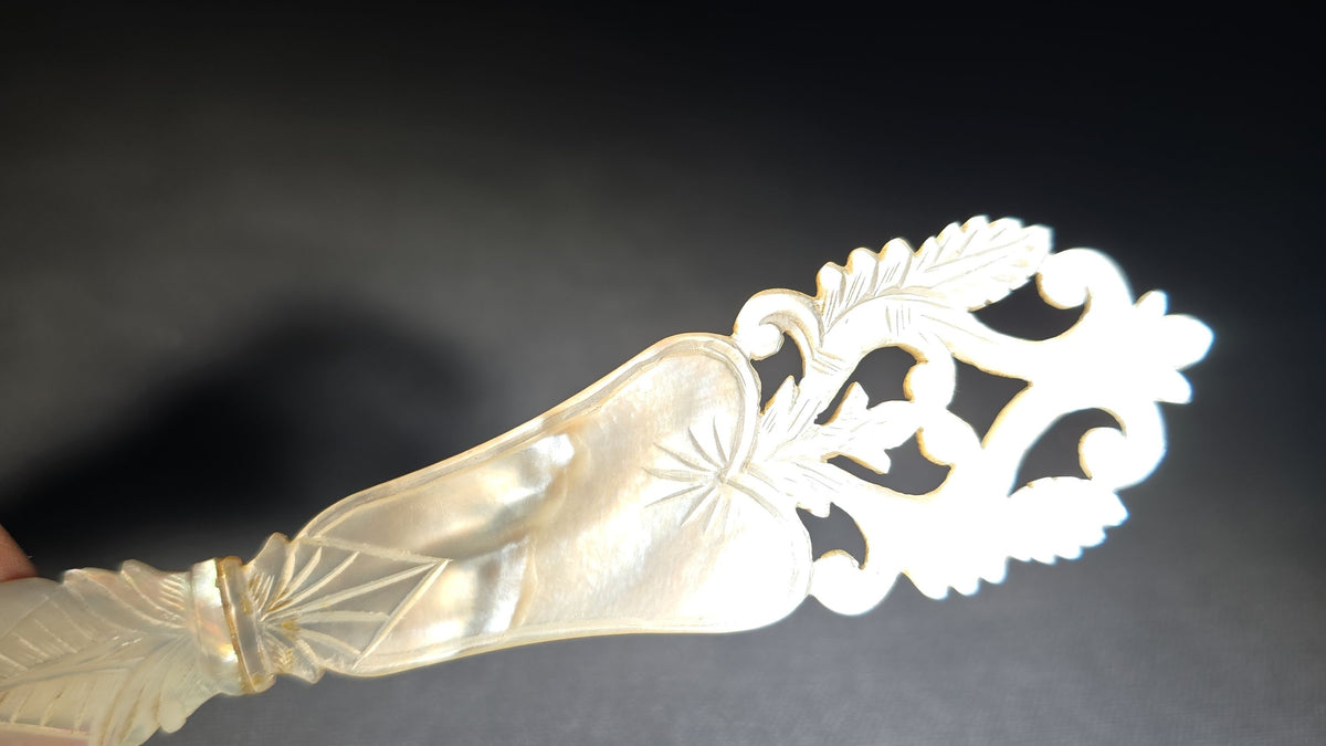 Antique Carved Mother of Pearl Letter Opener or Page Turner with Pierced Foliate Scroll Handle