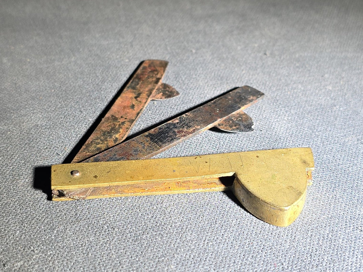 Antique Brass and Steel Folding Fleam with Two Blades, Engraved "P.H.M." on Handle